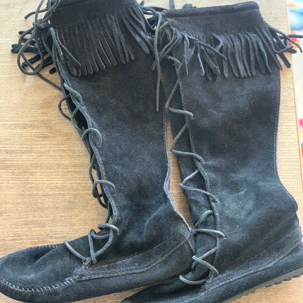 Minnetonka Black Lace-up Knee High Boots